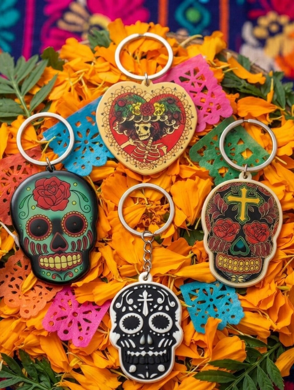 Day of the Dead Sugar Skull Keychain Set of 4 – Colorful Floral Designs